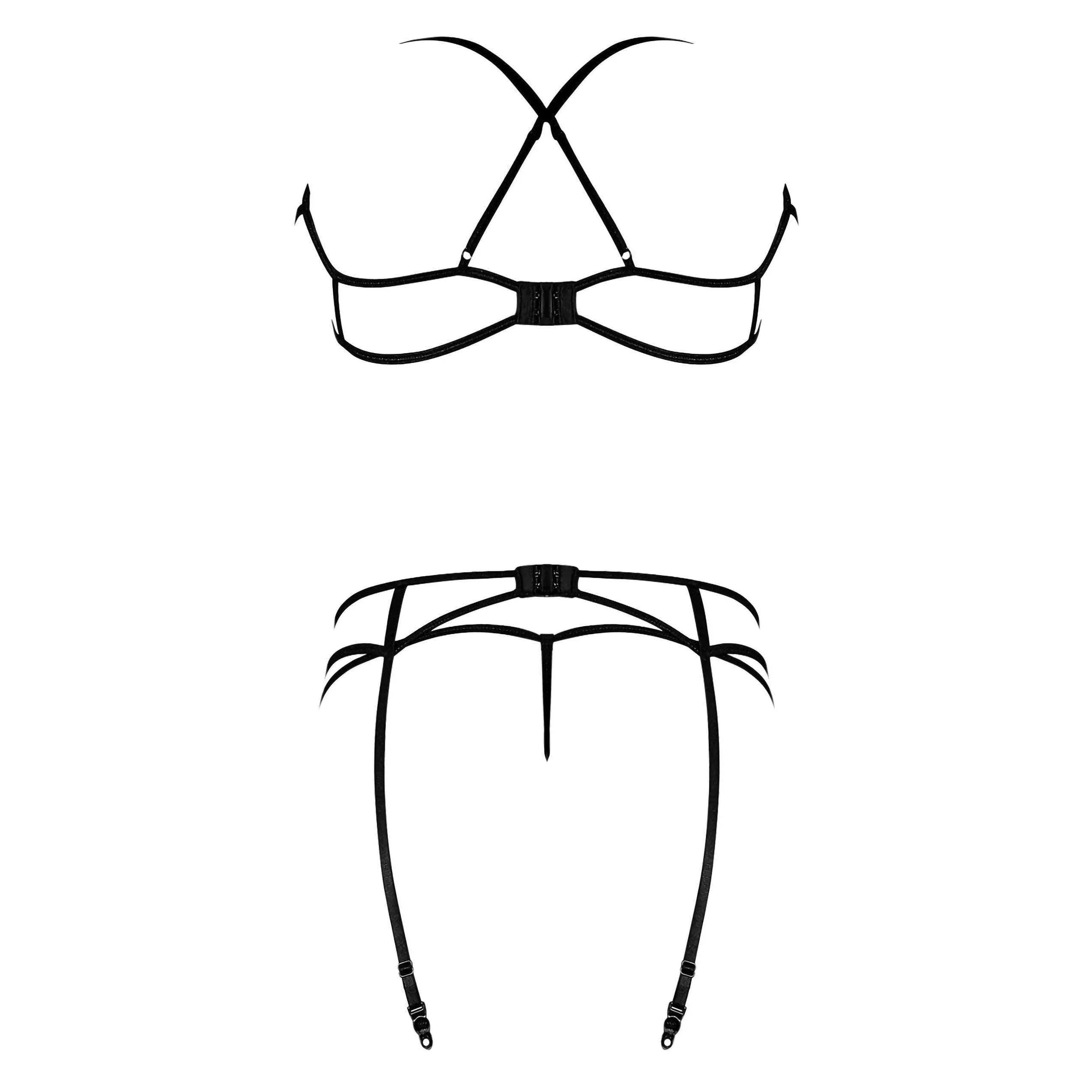 Magic Silk Sexy Time Strappy Bra Garter & G-String with Rings Black - Romantic Blessings