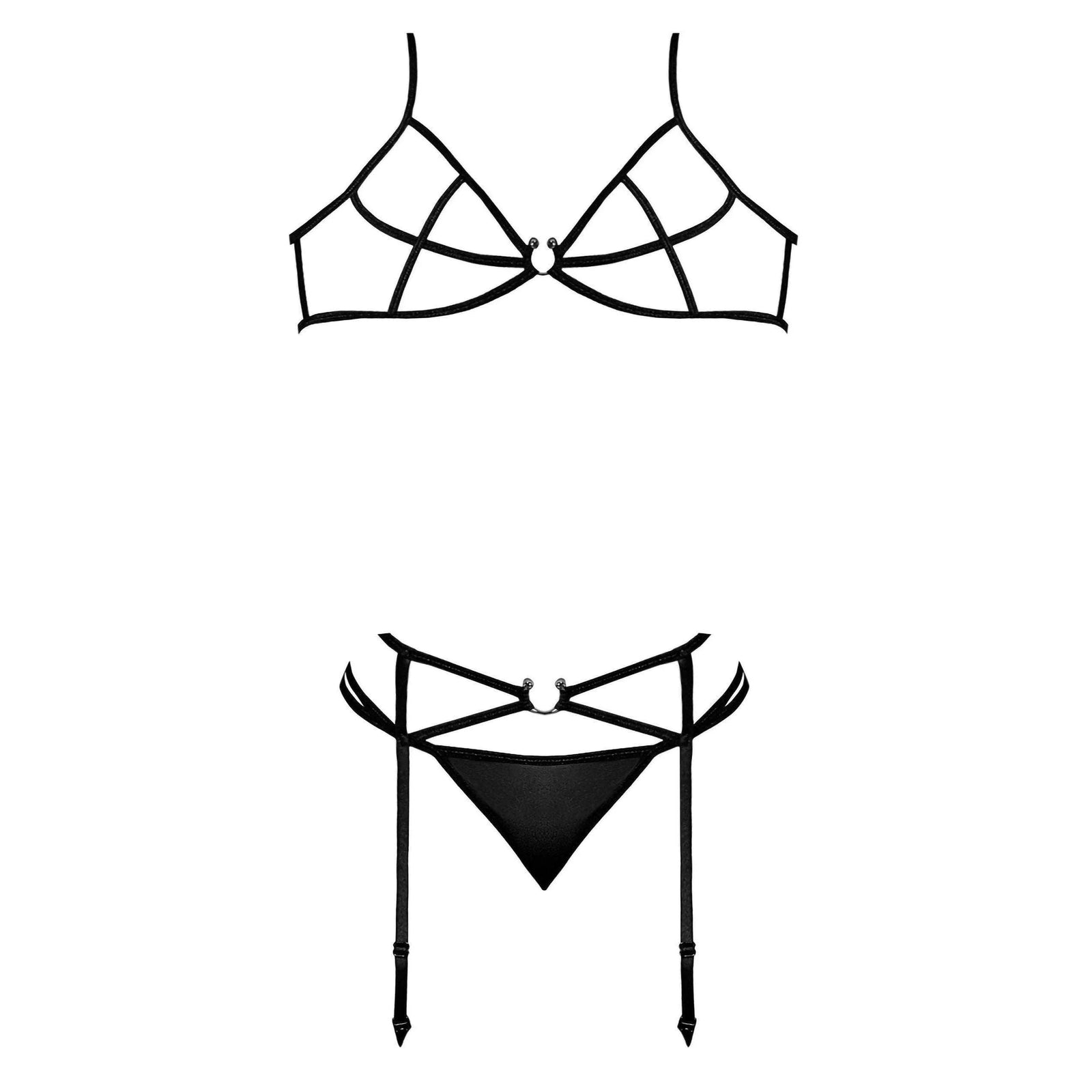 Magic Silk Sexy Time Strappy Bra Garter & G-String with Rings Black - Romantic Blessings