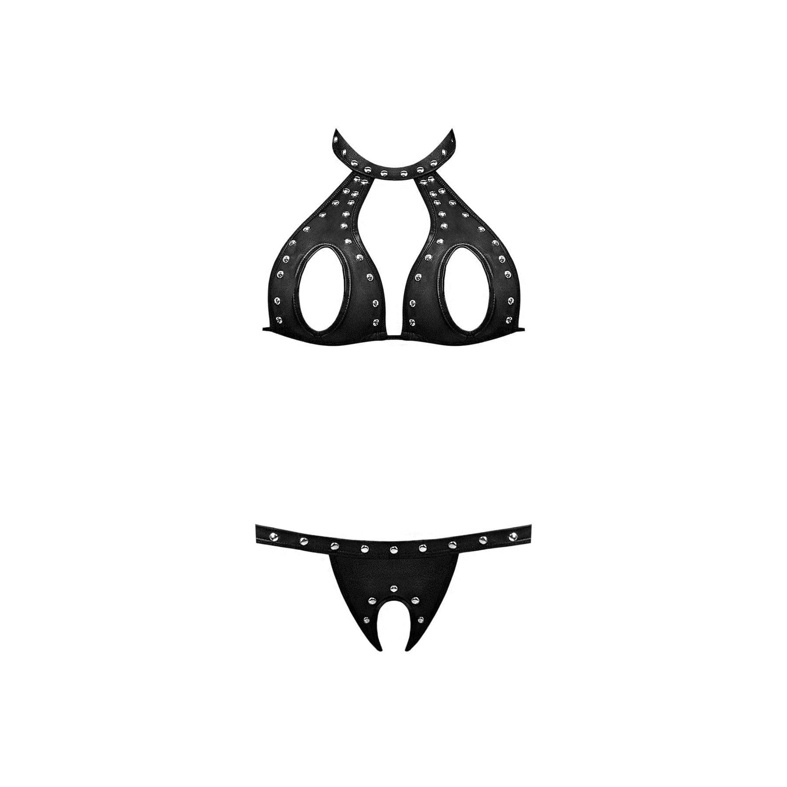 Magic Silk Lust Fetish Temptress Leather Look Open Cup Bra & Crotchless Thong Black - Romantic Blessings