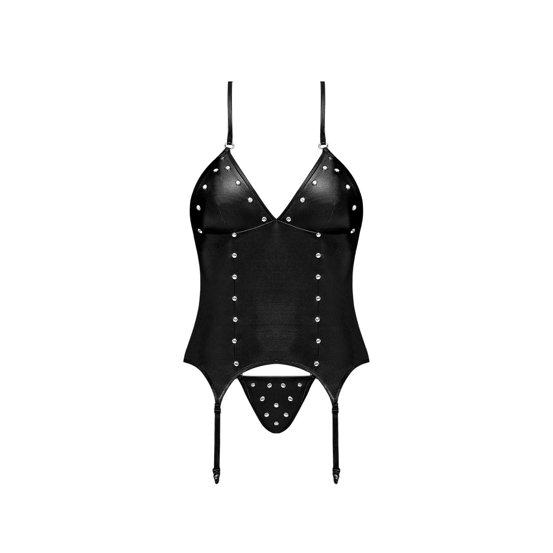 Magic Silk Lust Fetish Madame Leather Look Halter Bustier & G-String Black - Romantic Blessings