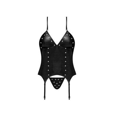 Magic Silk Lust Fetish Madame Leather Look Halter Bustier & G-String Black - Romantic Blessings