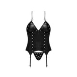 Magic Silk Lust Fetish Madame Leather Look Halter Bustier & G-String Black - Romantic Blessings