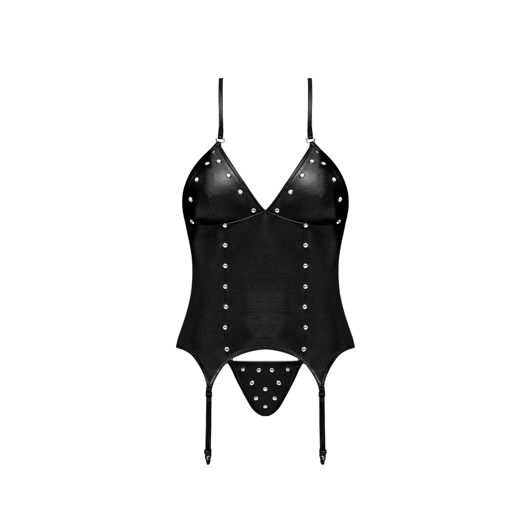 Magic Silk Lust Fetish Madame Leather Look Halter Bustier & G-String Black - Romantic Blessings