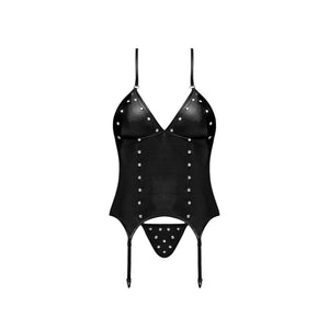 Magic Silk Lust Fetish Madame Leather Look Halter Bustier & G-String Black - Romantic Blessings