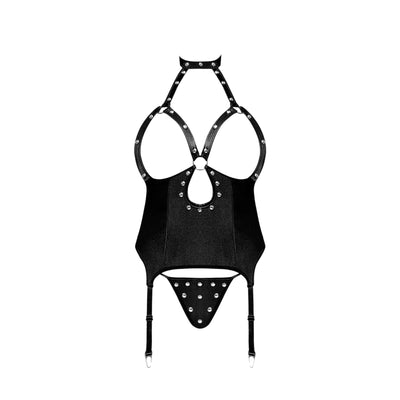 Magic Silk Lust Fetish Mistress Leather Look Open Cup Harness & G-String Black - Romantic Blessings