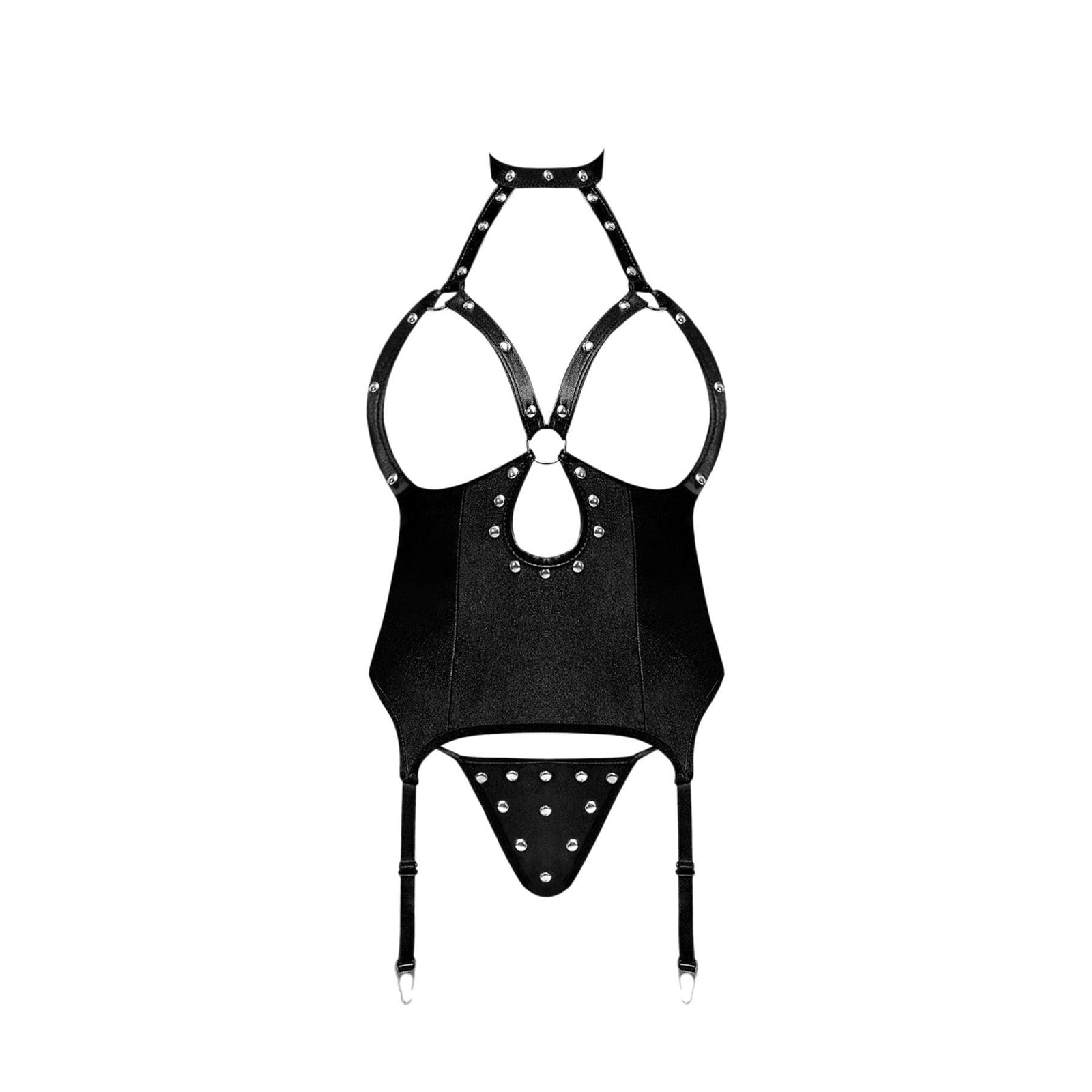 Magic Silk Lust Fetish Mistress Leather Look Open Cup Harness & G-String Black - Romantic Blessings