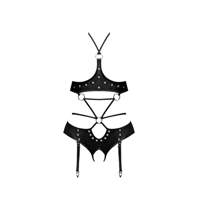 Magic Silk Lust Fetish Urania Leather Look Open Cup Crotchless Halter Teddy Black - Romantic Blessings