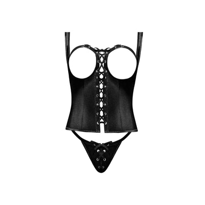 Magic Silk Lust Fetish Harlot Leather Look Cupless Lace-Up Corset & G-String Black - Romantic Blessings