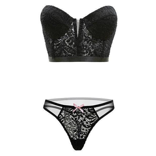 Fantasy Lingerie Premiere Basics Midnight Garden V-Front Bustier Crop Top & Thong Black - Romantic Blessings