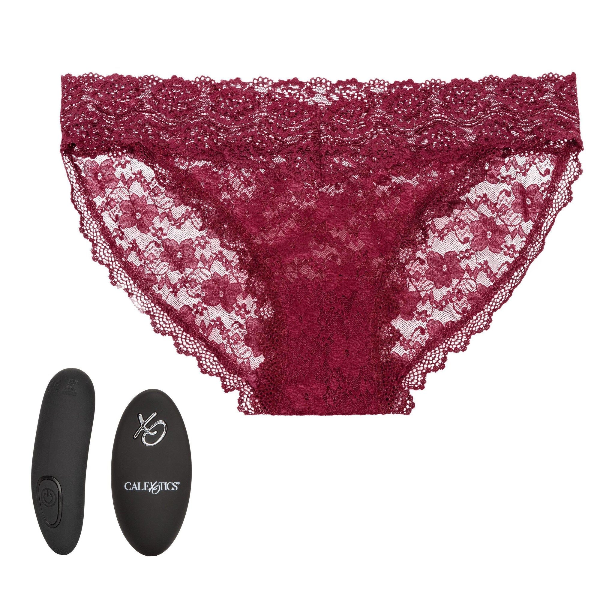 Remote Control Rechargeable Lace Stretch to Fit Vibrating Panty Set - Burgundy - Romantic Blessings