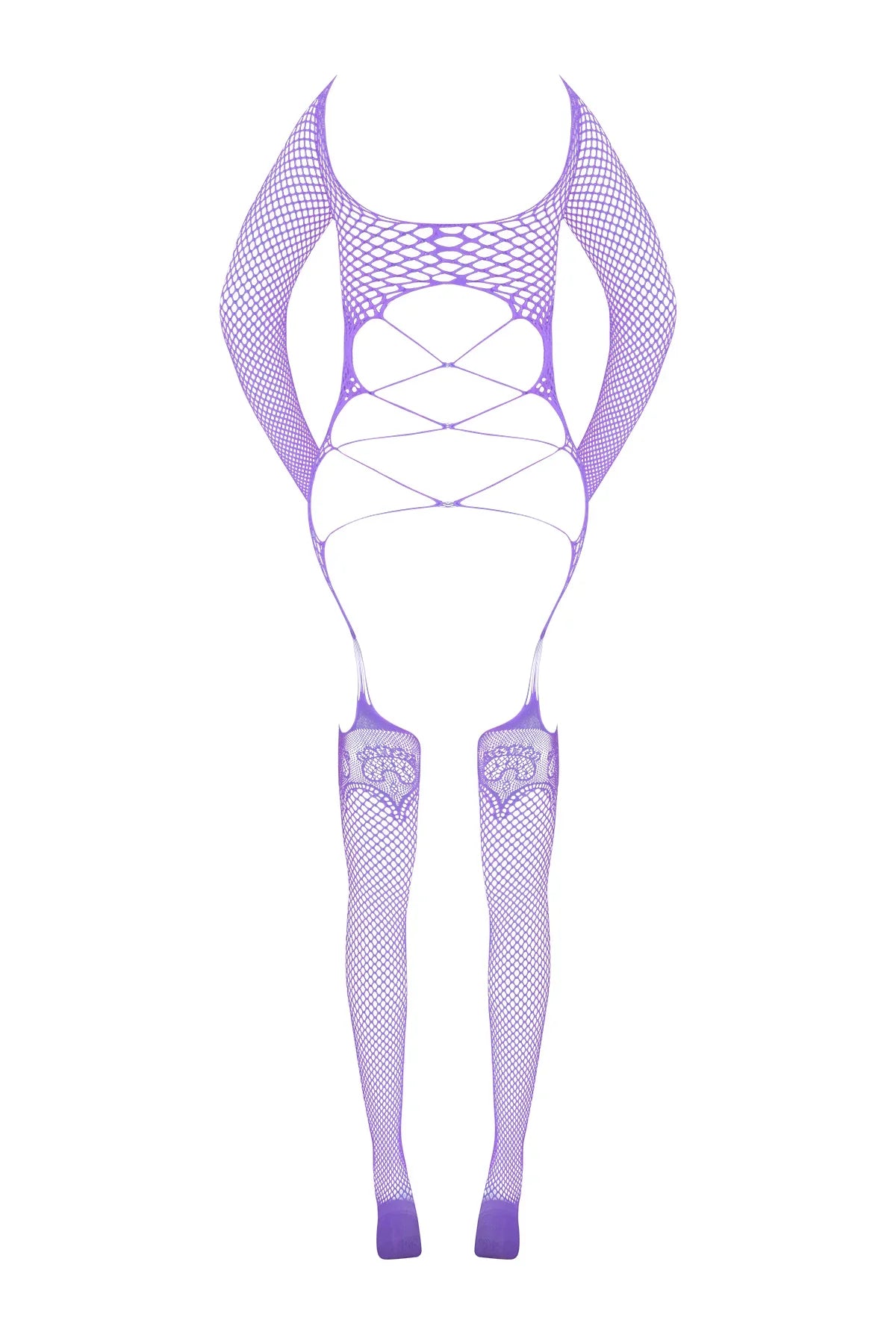 Magic Silk Seamless Fishnet Gartered Catsuit Lavender One Size
