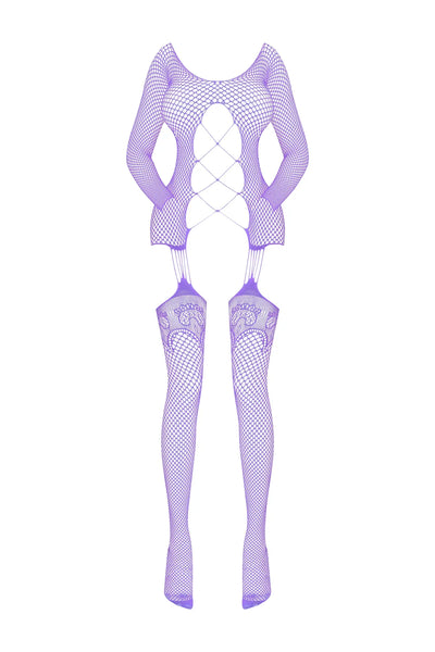 Magic Silk Seamless Fishnet Gartered Catsuit Lavender One Size