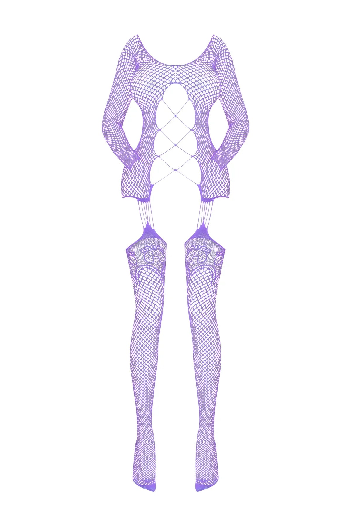 Magic Silk Seamless Fishnet Gartered Catsuit Lavender One Size