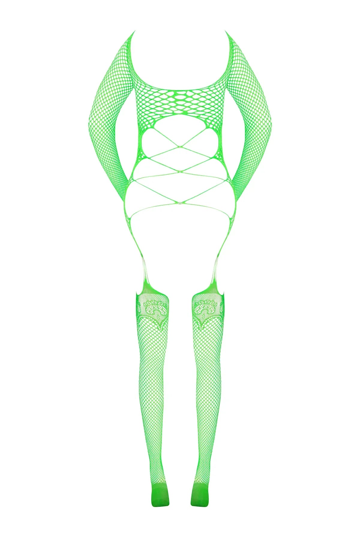 Magic Silk Seamless Fishnet Gartered Catsuit Lime One Size