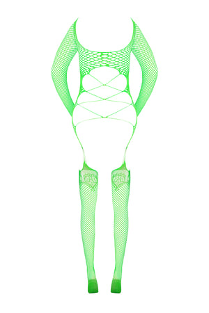 Magic Silk Seamless Fishnet Gartered Catsuit Lime One Size