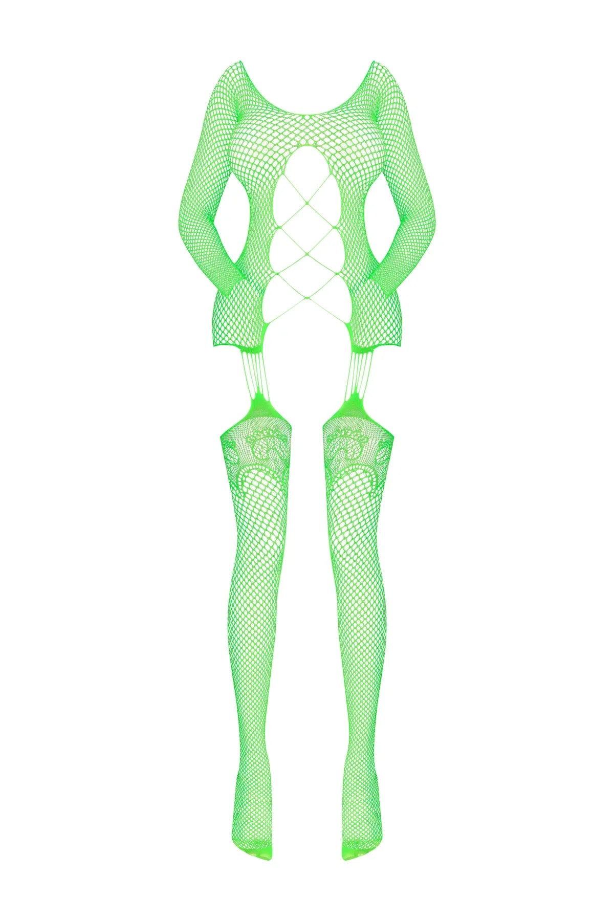Magic Silk Seamless Fishnet Gartered Catsuit Lime One Size