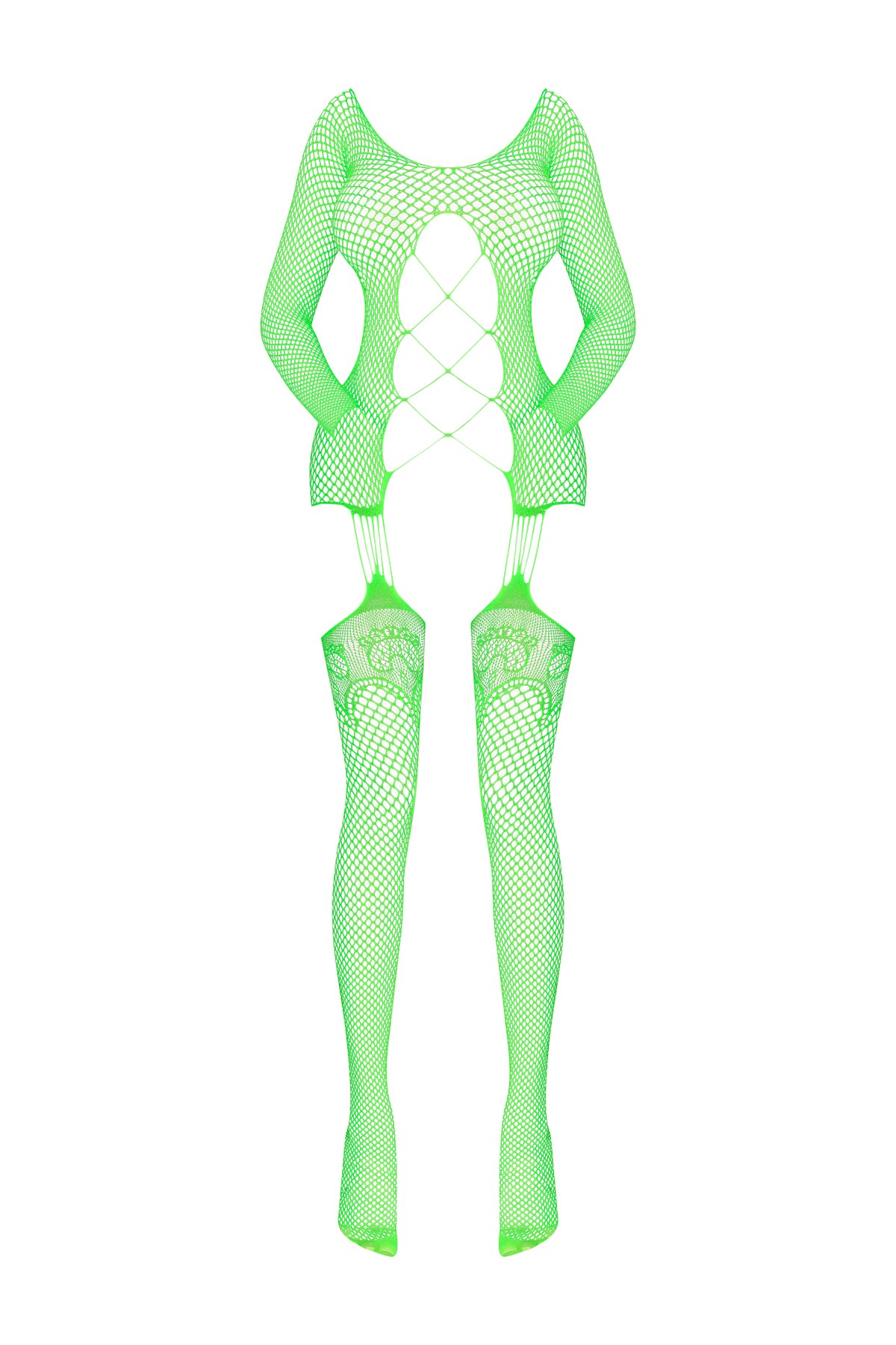 Magic Silk Seamless Fishnet Gartered Catsuit Lime One Size