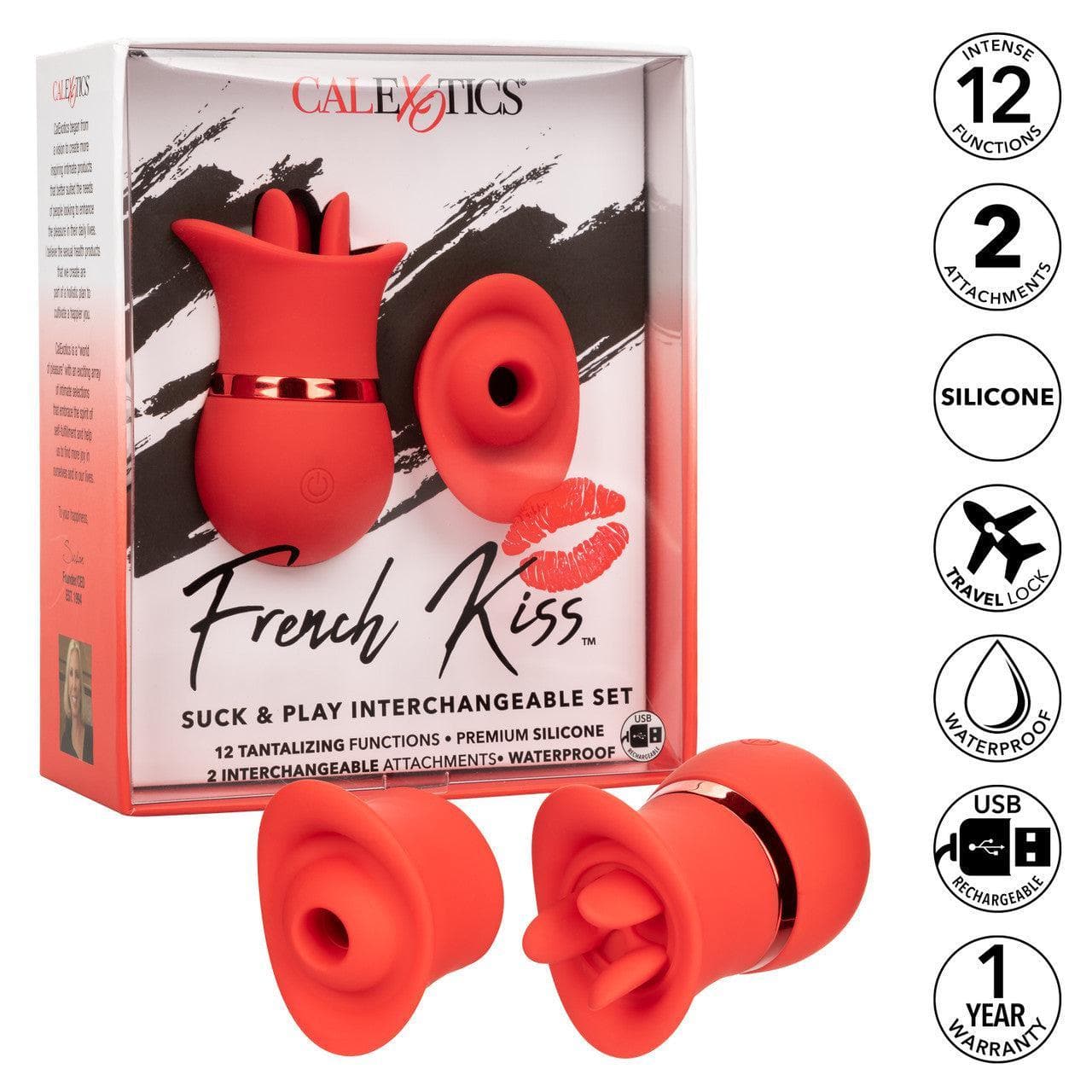 French Kiss Suck & Play Rechargeable Silicone Interchangeable Clit Stimulator Set Red - Romantic Blessings