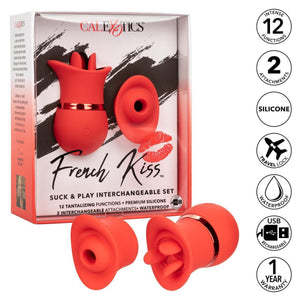 French Kiss Suck & Play Rechargeable Silicone Interchangeable Clit Stimulator Set Red - Romantic Blessings