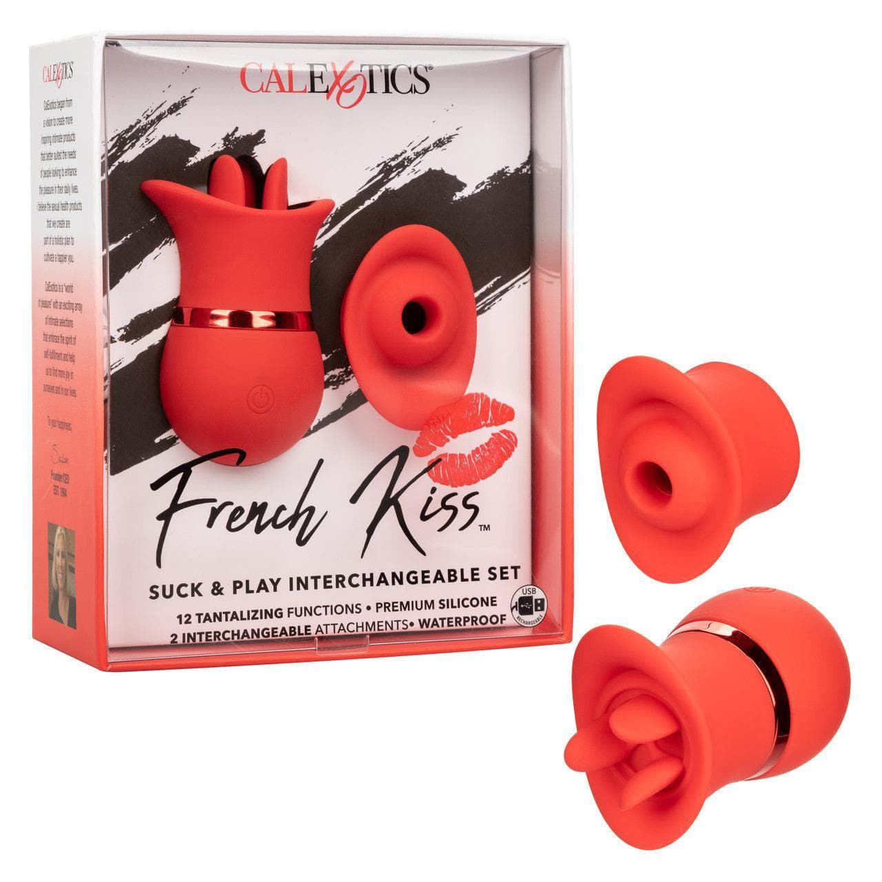 French Kiss Suck & Play Rechargeable Silicone Interchangeable Clit Stimulator Set Red - Romantic Blessings