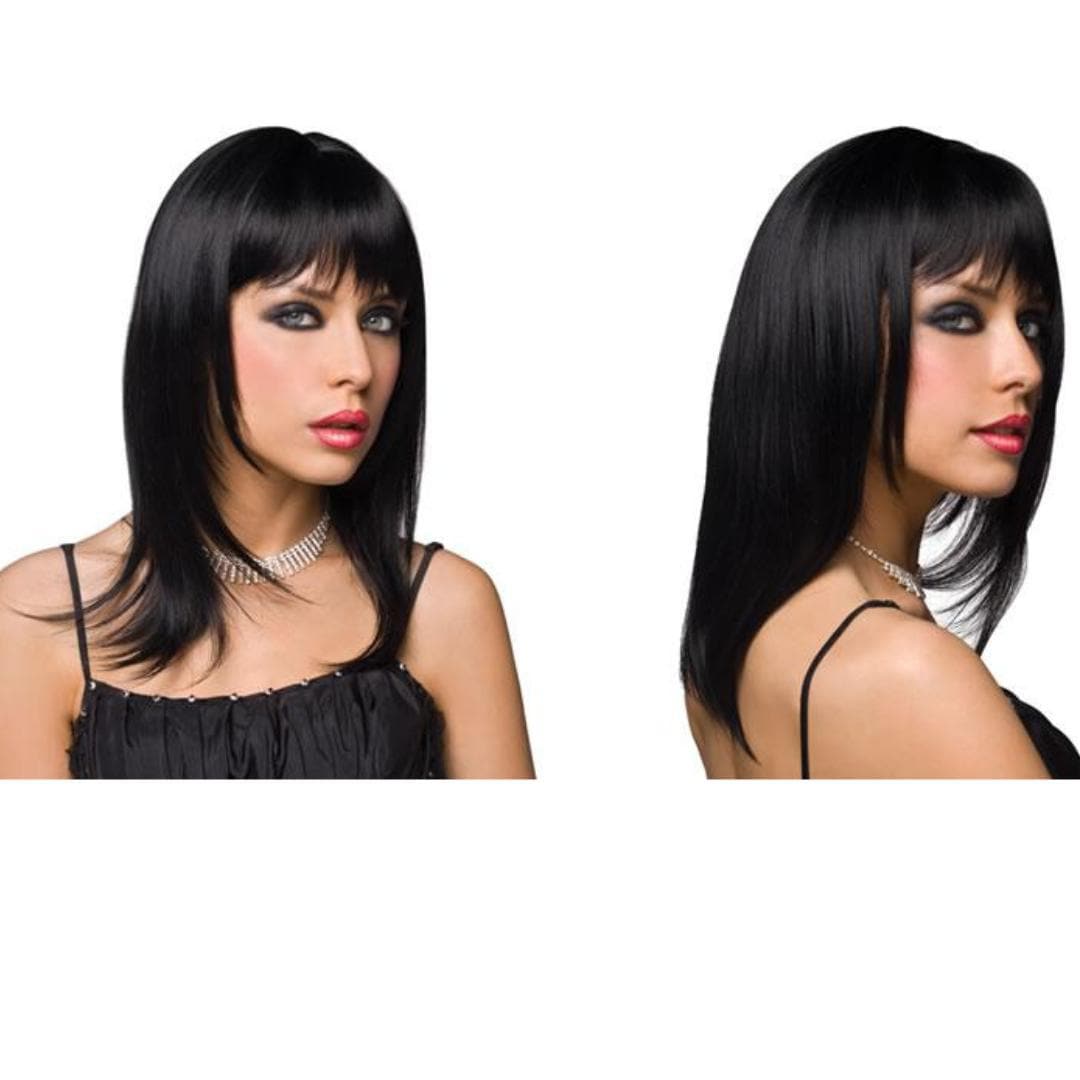 Pleasure Wigs Steph Shoulder Length Straight and End Curls Hair Banged Wig Black - Romantic Blessings