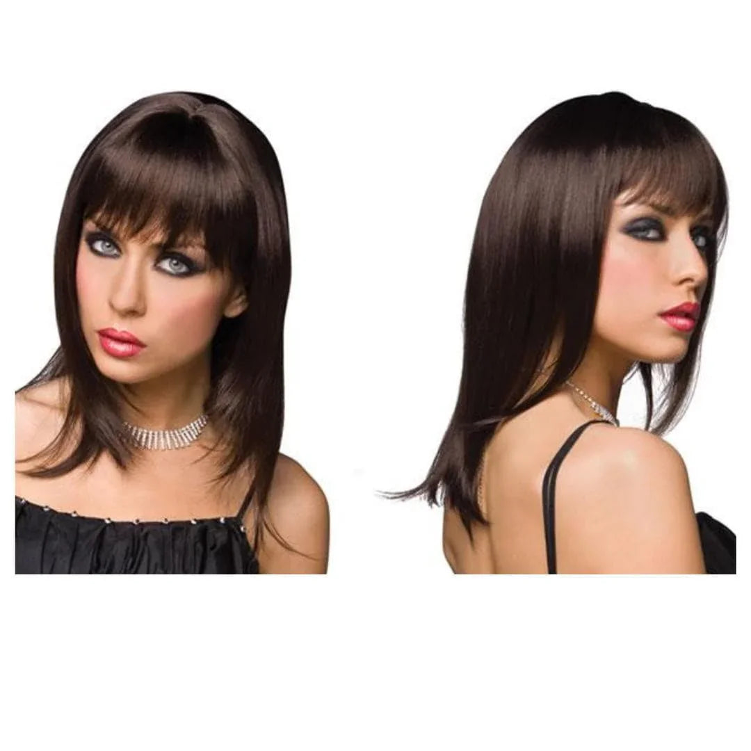 Pleasure Wigs Steph Shoulder Length Straight and End Curls Hair Banged Wig Dark Brown - Romantic Blessings