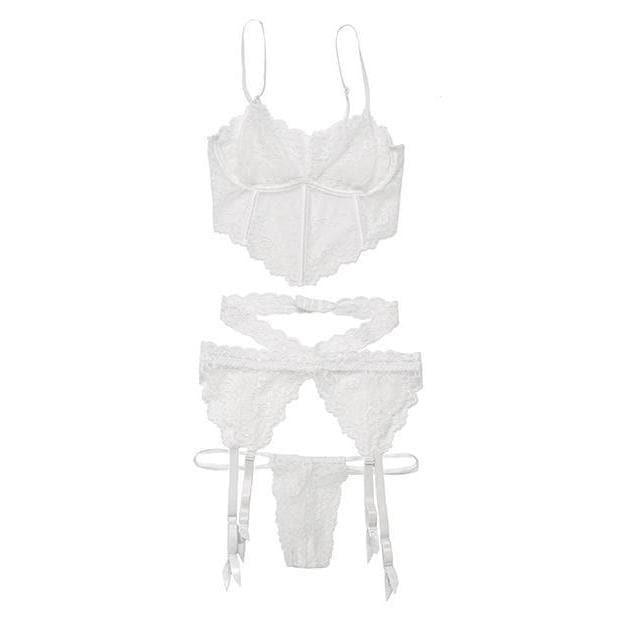 Scallop Stretch Lace Long Line Soft Cup Bra, Garterbelt & G-String White - Romantic Blessings