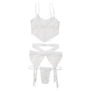 Scallop Stretch Lace Long Line Soft Cup Bra, Garterbelt & G-String White - Romantic Blessings