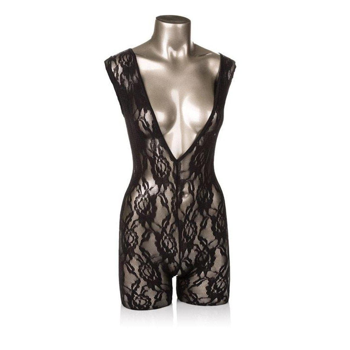 Scandal Lace Stretchy Crotchless Body Suit with Plunging V Neck Black - Romantic Blessings