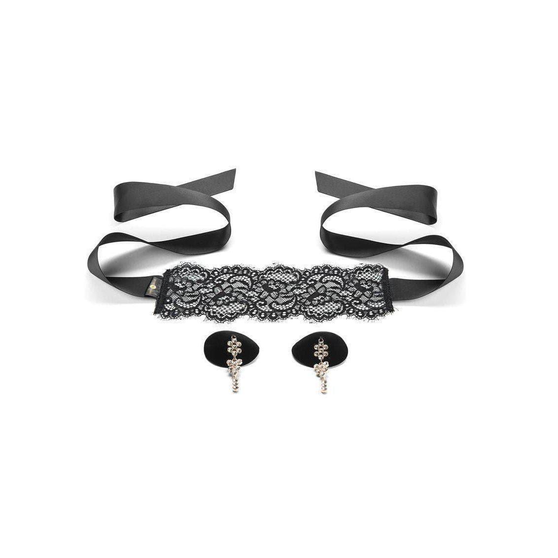 Secret Kisses Temptation Set Boudor Lace blindfold & Tassel Pasties Black - Romantic Blessings