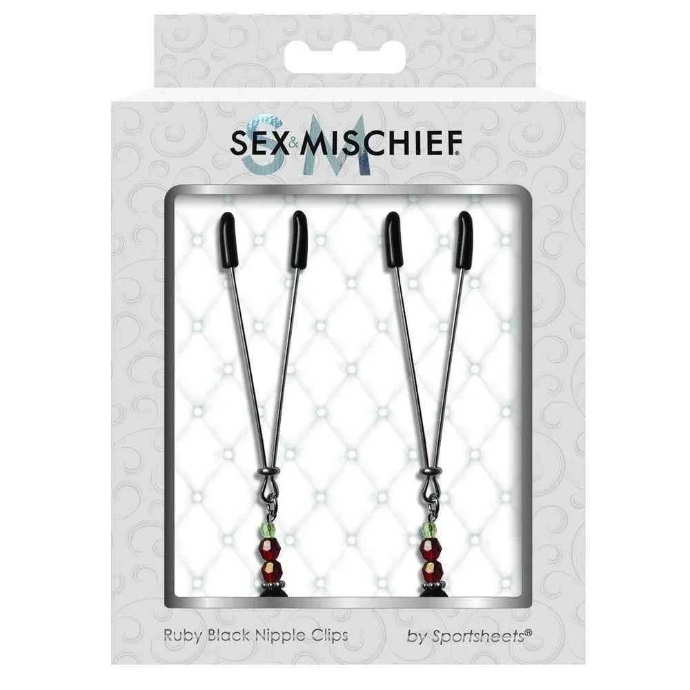 Sex & Mischief Sexperiments Beginner Adjustable Tweezer Style Ruby Black Nipple Clips - Romantic Blessings