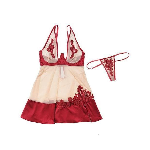 Sheer Nylon & Stretch Satin Babydoll w/Underwire Cups & G-String Merlot/Nude - Romantic Blessings