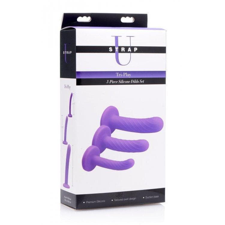 Tri Play 3 Piece Silicone Dildo Set Purple with Swirled Ridges for G Spot & P Spot Stimulation - Romantic Blessings