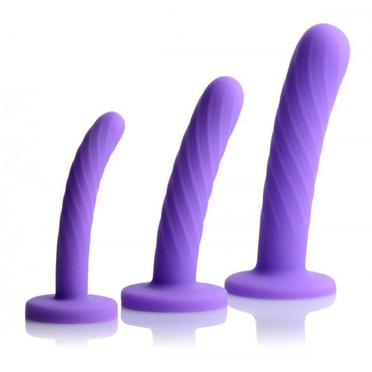 Tri Play 3 Piece Silicone Dildo Set Purple with Swirled Ridges for G Spot & P Spot Stimulation - Romantic Blessings