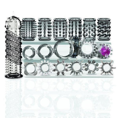 Try-Curious Penis Ring & Sleeve 15 Pc Set Smoke - Romantic Blessings
