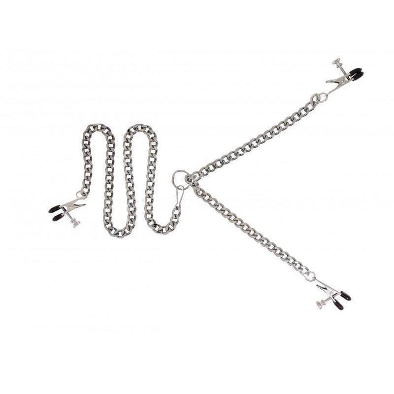 Y Style Adjustable Broad Rubber Tip Nipple Clamps With Clitoral Clamp Silver - Romantic Blessings