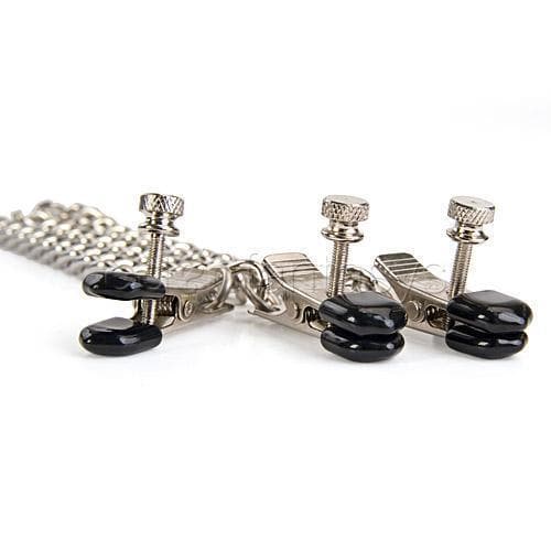 Y Style Adjustable Broad Rubber Tip Nipple Clamps With Clitoral Clamp Silver - Romantic Blessings