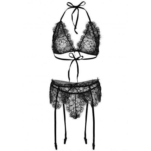 Leg Avenue Rhinestone Eyelash Lace Bra Top Garter Belt and G-String Black - Romantic Blessings