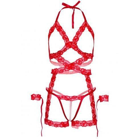 Leg Avenue Lace Halter Cami Garter with Open Cups, Crotchless Pearl G-String, and Lace Restraint Cuffs (3 Piece) - O/S - Red - Romantic Blessings