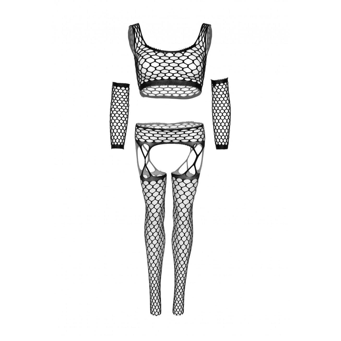 Leg Avenue Net Crop Top, Garter Stockings and Matching Gloves (3 pieces) - O/S - Romantic Blessings