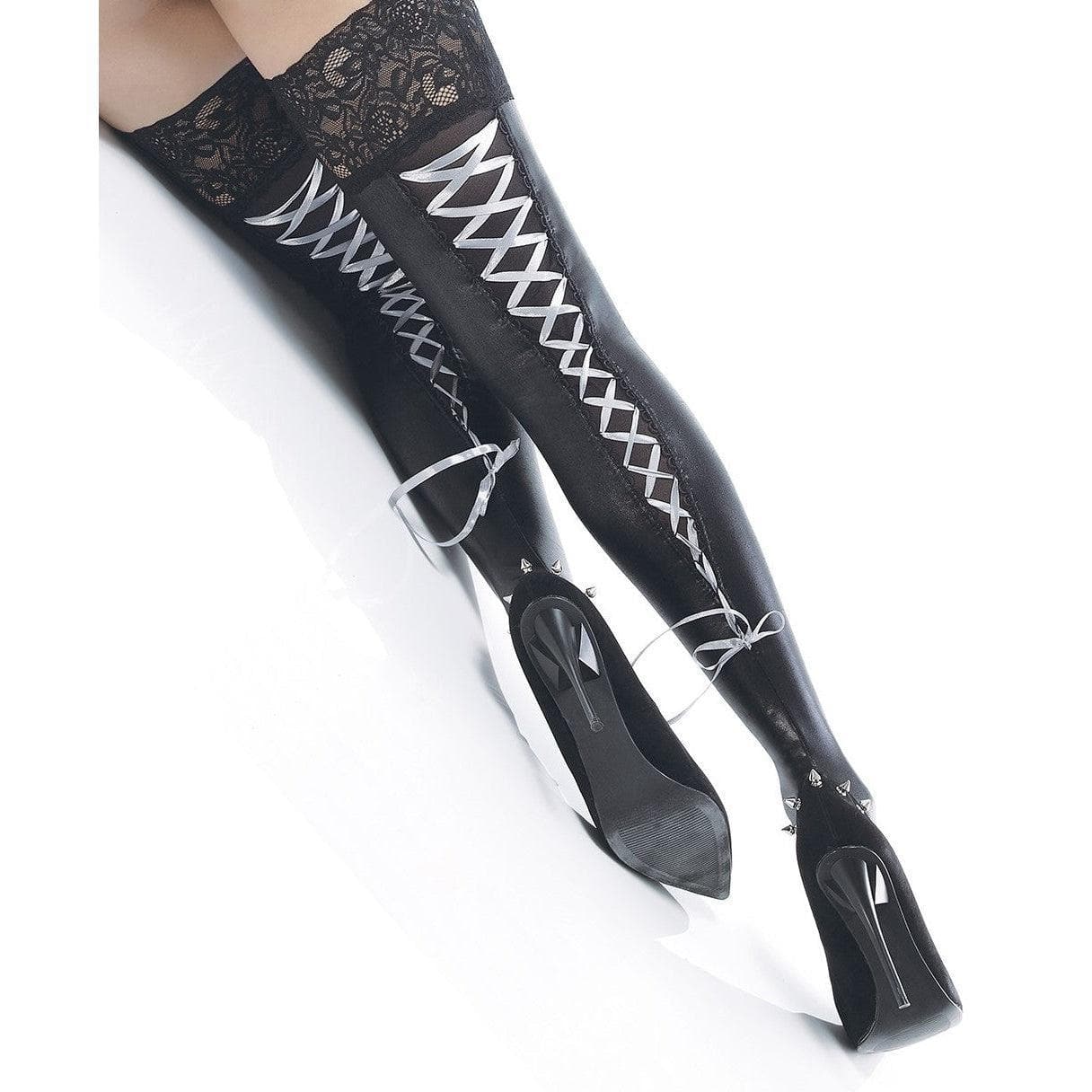 Coquette Thigh High Wetlook Stockings with Contrasting Ribbon Lace-Up Back Seam Detail Black/Silver - Romantic Blessings