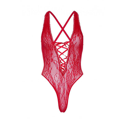 Leg Avenue Floral Lace Thong Teddy with Lace Up Front and Cross Over Back Straps O/S Red - Romantic Blessings