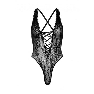 Leg Avenue Floral Lace Thong Teddy with Lace Up Front and Cross Over Back Straps O/S Black - Romantic Blessings