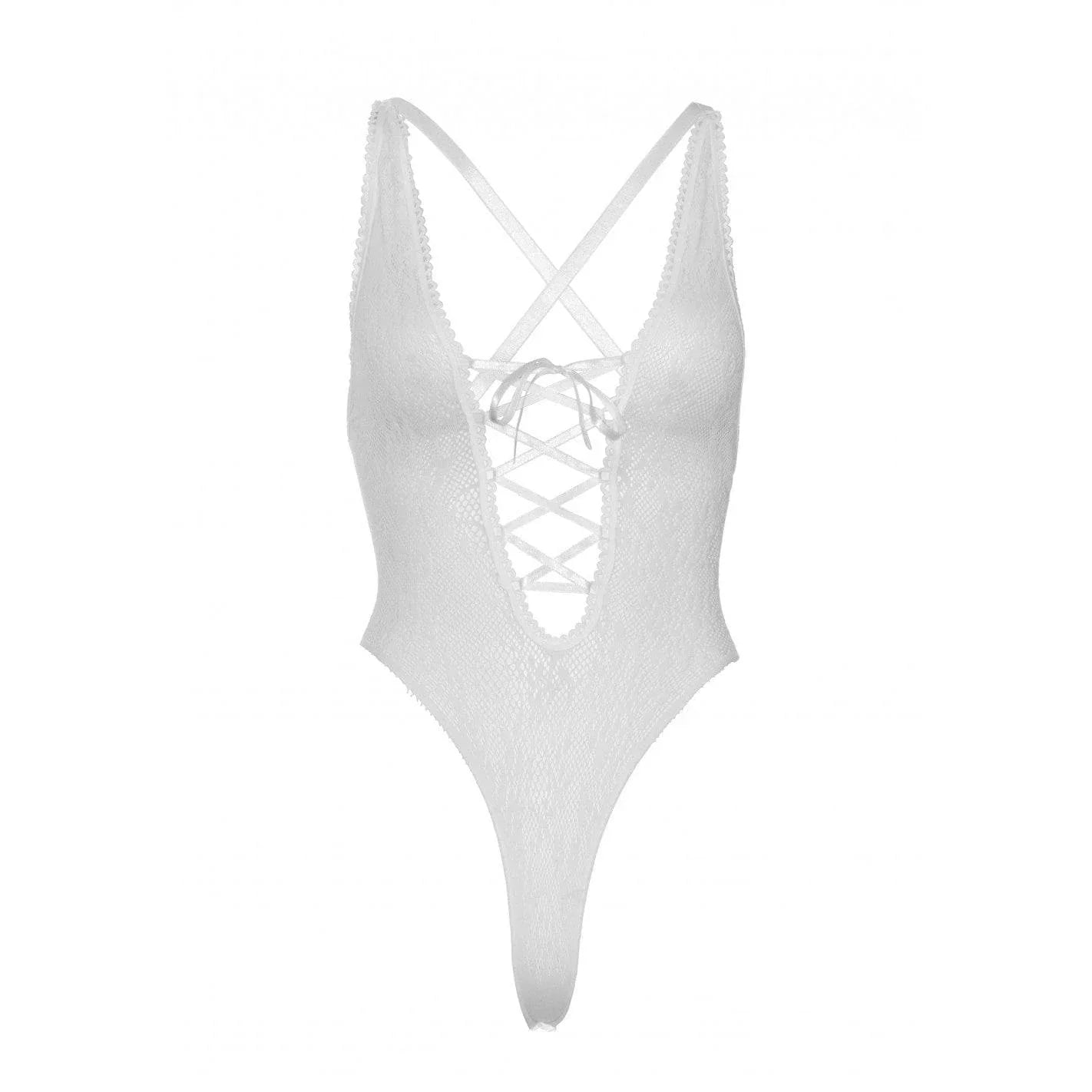 Leg Avenue Floral Lace Thong Teddy with Lace Up Front and Cross Over Back Straps O/S White - Romantic Blessings