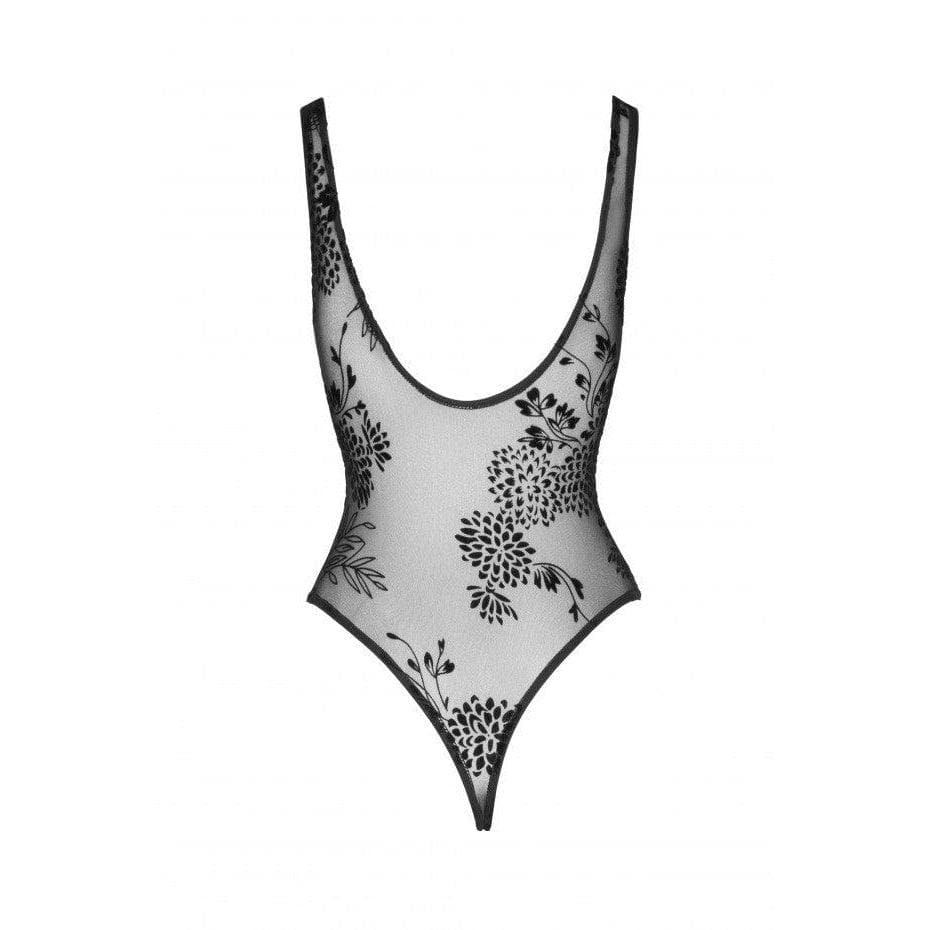 Noir Handmade Tulle Bodysuit With Patterned Flock Embroidery - Romantic Blessings