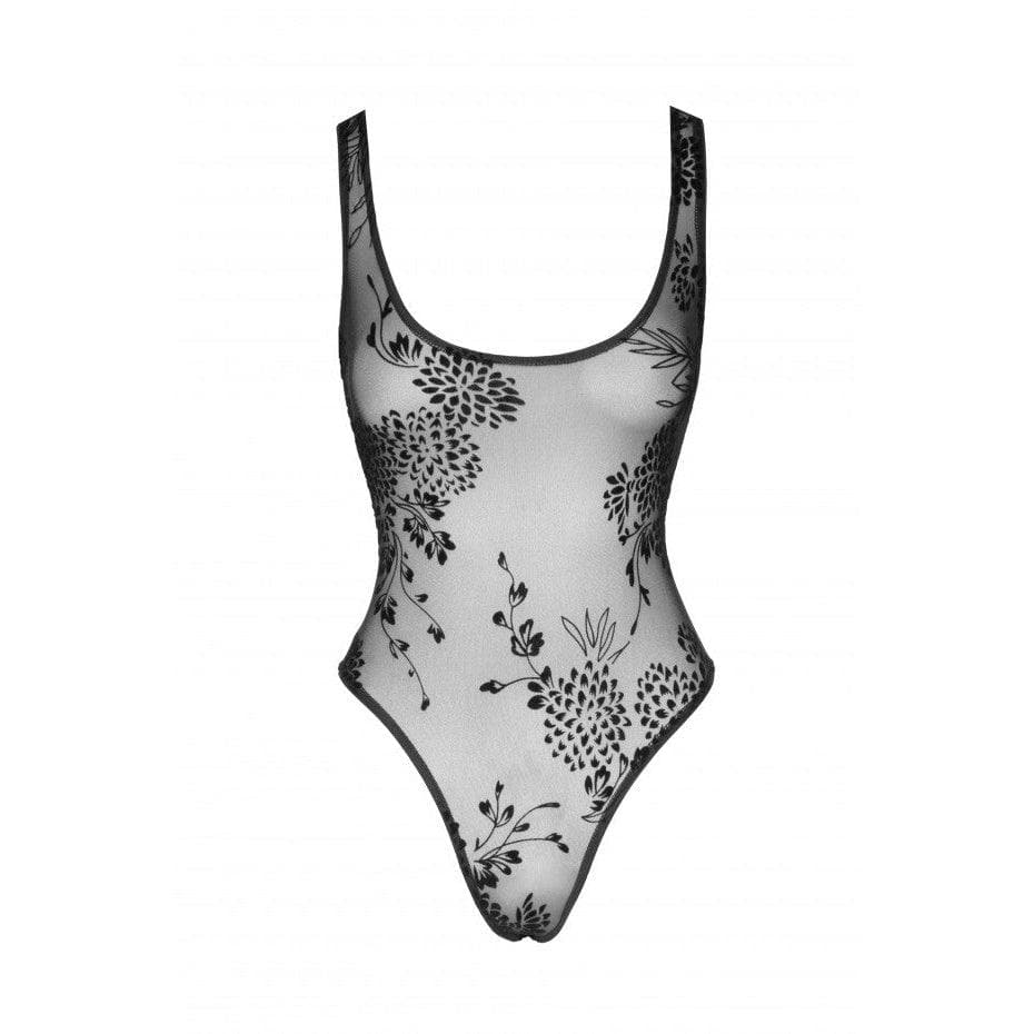 Noir Handmade Tulle Bodysuit With Patterned Flock Embroidery - Romantic Blessings