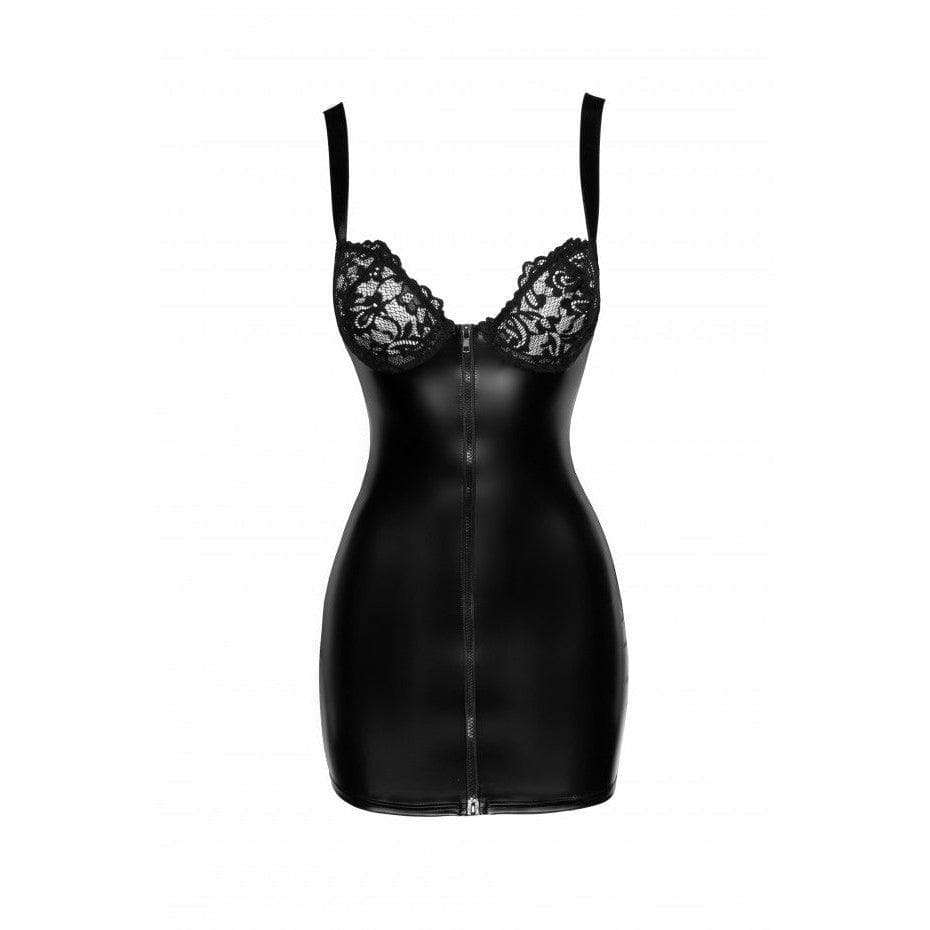 Noir Handmade Powerwetlook Mini Dress With Lace Chest And 2-Way Zipper - Romantic Blessings