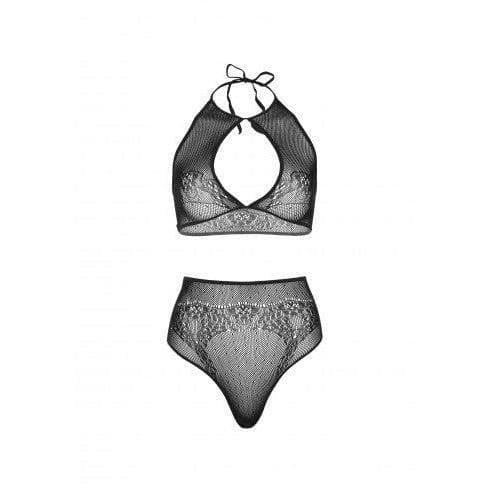 Leg Avenue Dotted Net Keyhole Halter Crop Top with Lace Accents and High Waist Thong Panty (2 pieces) - O/S - Black - Romantic Blessings