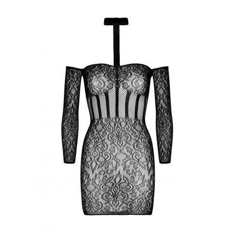 Leg Avenue Lace Long Sleeve Halter Choker Mini Dress O/S - Black - Romantic Blessings