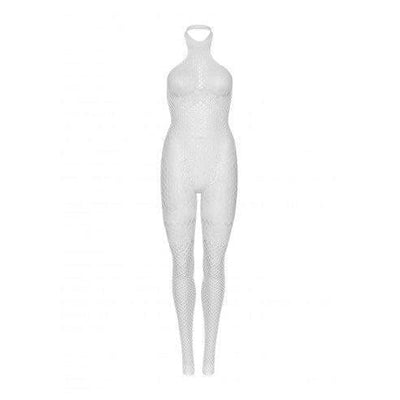 Leg Avenue Seamless Industrial Net Halter Bodystocking with Faux Lace Lingerie Detail - O/S - White - Romantic Blessings